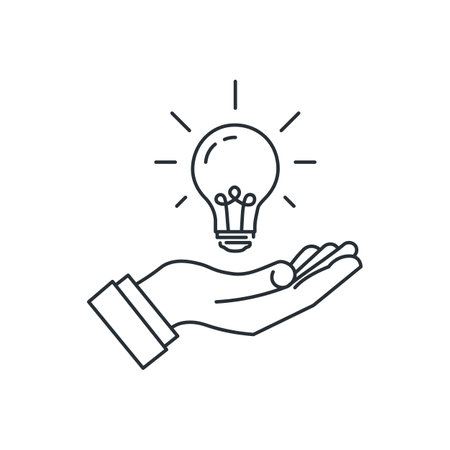 Hand and a lamp line icon. Solution, new idea, propose. Vector illustrationのイラスト素材