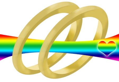 Two wedding rings, a rainbow and a heart to represent gay marriageの写真素材