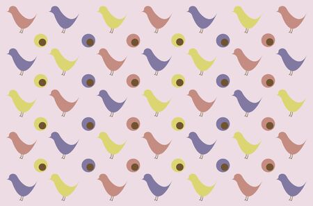 Pink, purple and yellow retro birds on a pink background の写真素材