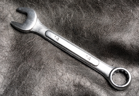 Size 14 wrench on gray background with nobodyの写真素材