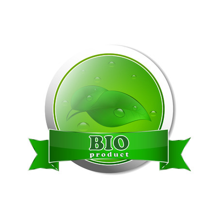 Bio produc green button with green leaves and water dropsのイラスト素材