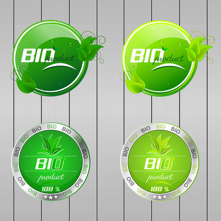 Collection of green bio product buttons with green leaves and water dropsのイラスト素材