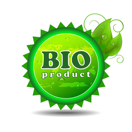 Bio produc green button with green leaves and water dropsのイラスト素材