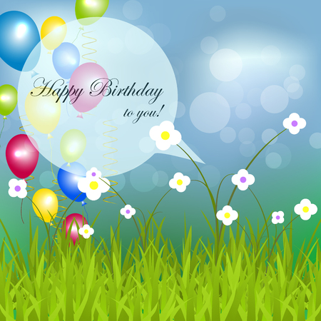 Happy birthday background with flowers, bubbles, green grass and balloonsのイラスト素材
