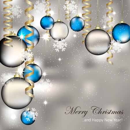 Christmas and New Year greeting card with christmas balls and gold ribbonsのイラスト素材