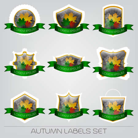 Autumn labels set with colored leaves and ribbonのイラスト素材