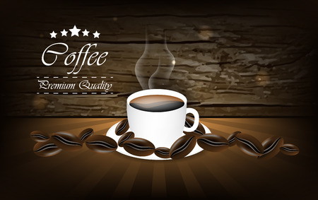 Coffee vector background with cup and coffee beansのイラスト素材