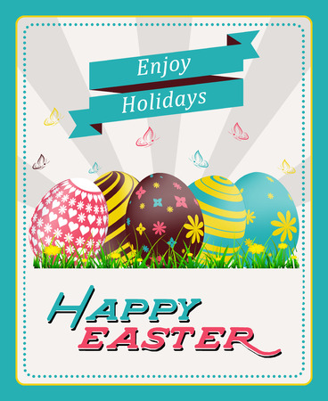 Happy easter greeting card with painted eggs, butterflies and flowersのイラスト素材