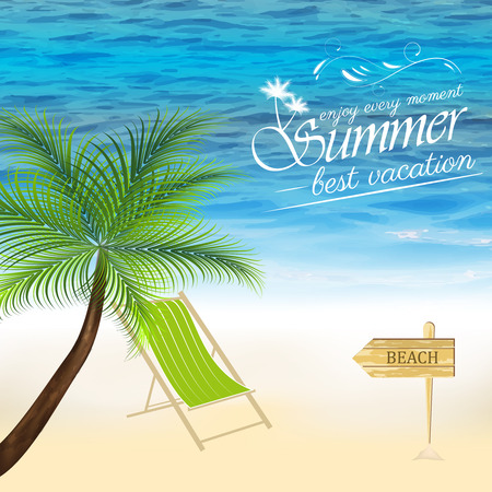 Summer background with palm tree and ocean beach loungerのイラスト素材