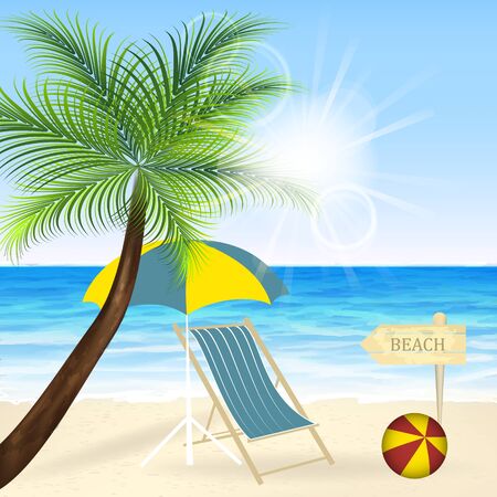 Summer vacation on the beach. Palm tree ball lounger and umbrella with sunlight.のイラスト素材