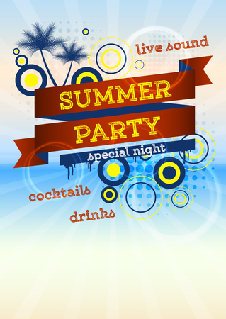 Summer party poster with halftone effect palms and red ribbonのイラスト素材