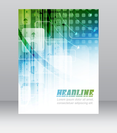 Business flyer template with abstract technological pattern, square, arrows and other graphic elements.のイラスト素材