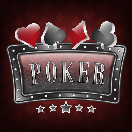Poker vector illustration with ornate frame and card symbols on a dark red background. Design for your poker project, poster or tournament.のイラスト素材