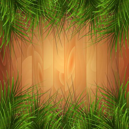 Wooden texture with green pine-needles. Design for your greeting card and space for text. Vector illustration.のイラスト素材