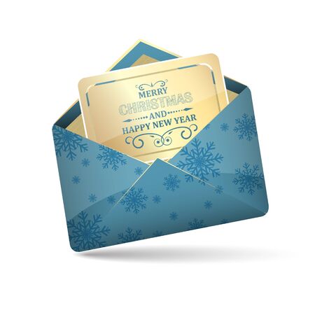 Open blue envelope with snowflakes pattern. Merry Christmas and Happy New Year decoration heading inside. Vector illustration.のイラスト素材