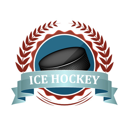 Ice hockey vector sport icon or label with blue ribbon, laurel wreath and puck.のイラスト素材