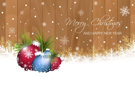 Christmas greeting card. Christmas baubles, pine-needles and snowflakes on wooden texture. Vector illustration.のイラスト素材