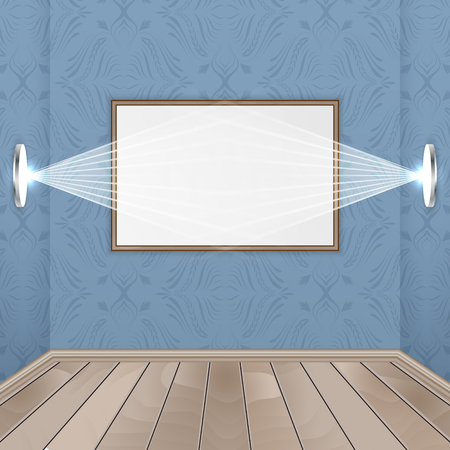 Interior rooms with wooden floor, image, spotlights and seamless wallpaper.のイラスト素材