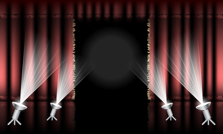 Theater stage with red curtain, gold hem and spotlights. のイラスト素材