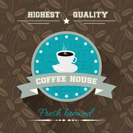Coffee house. Vector illustration in flat design with label and background with coffee pattern.のイラスト素材