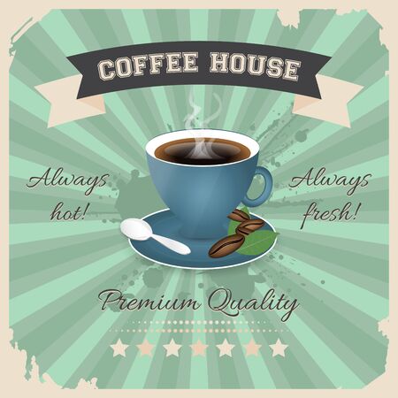 Coffee house poster design with cup of coffee in retro style. Vector illustration.のイラスト素材