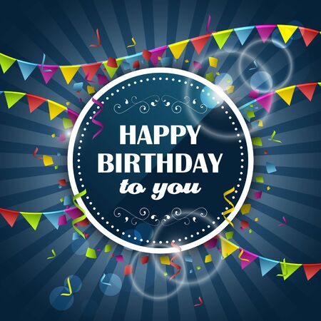 Happy Birthday design with colorful flags and confetti.のイラスト素材