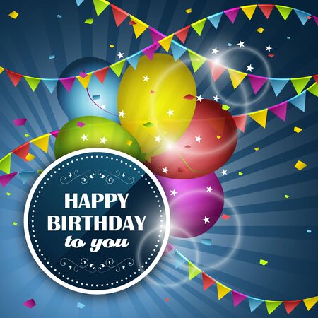 Happy Birthday greeting card. Party balloons, confetti and colorful flags.のイラスト素材