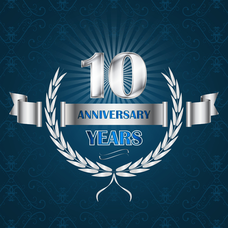 10 year anniversary emblem with ribbon and laurel wreath. illustration for your graphic design.のイラスト素材