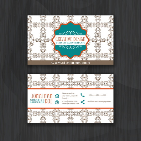 Vintage elegant horizontal business card template for personal or professional use with front and back side. Vector illustration.のイラスト素材