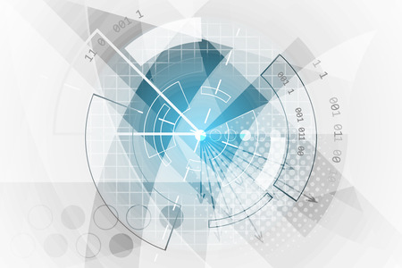 Technological vector abstract business futuristic banner with blue glow, halftone effect, grid and cogwheel.のイラスト素材