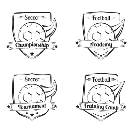 Set of soccer hand drawn emblems. Sport logo design. Vector illustration.のイラスト素材