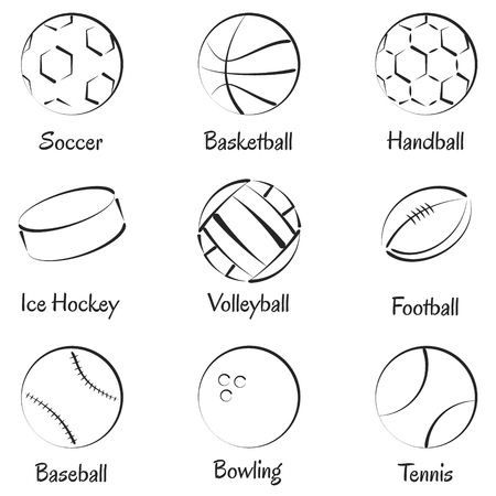 Set of vector sports equipments for soccer, football, basket, handball, ice hockey, volleyball, baseball, bowling and tennis.のイラスト素材