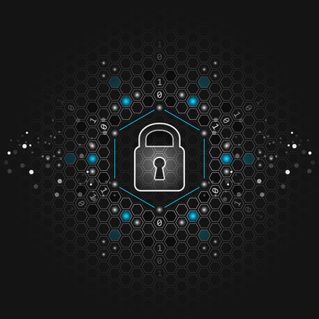 Safety concept. Global security. Closed padlock, glitter and hexagon shapes on abstract dark technological background. Vector illustration.のイラスト素材
