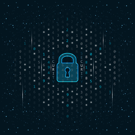 Closed padlock on dark abstract vector background. Global security concept design with glitter, numbers and glowing lines.のイラスト素材