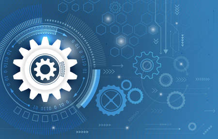 Technological abstract gear wheels background with arrows, hexagon and circuit board. Vector illustration.のイラスト素材