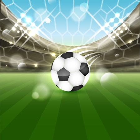 Soccer stadium with a ball on the grass and tribune with spotlights. Vector illustration.のイラスト素材