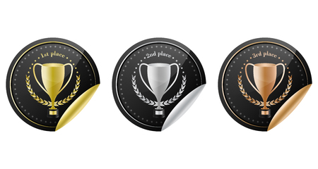 Sport trophy icons for the first place, second place and third place with laurel wreath and stars. Gold, silver and bronze. Vector illustration.のイラスト素材
