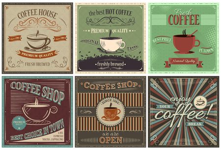 Set of retro vector background with coffee design. Vintage illustration with cups of coffee.のイラスト素材