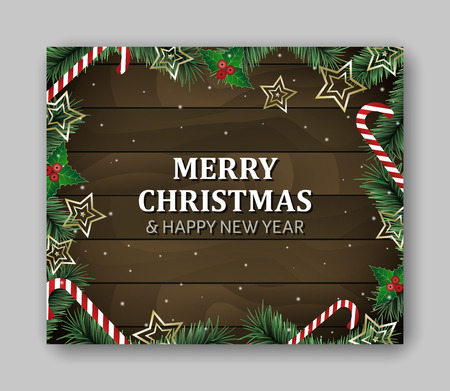 Banner template large rectangle with Merry Christmas and Happy New Year lettering. Green branches, wooden background, holly berries, magic wands, snow and stars. Design for your greeting card. Vector illustration.のイラスト素材