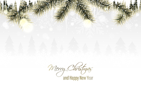 Winter scenery with golden branches, snowflakes, snowfall, icicles and coniferous trees on the horizon. Merry Christmas and Happy New Year greeting card. Vector illustration.のイラスト素材