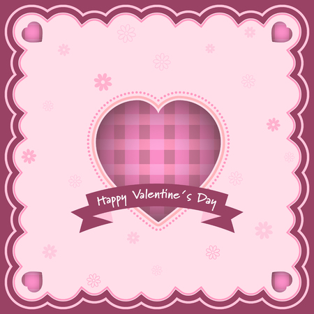 Happy Valentines Day greeting card with heart and inscription in the middle. Flowers in the background. Vector illustration.のイラスト素材