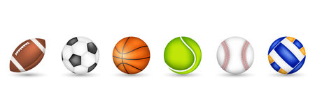 Set of sports vector balls isolated on a white background with shadow. American Football, Soccer, Basketball, Volleyball, Baseball, Tennis.のイラスト素材