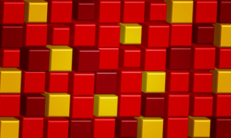 Cube geometric symmetrical 3d background in red yellow color. Tile vector illustration.