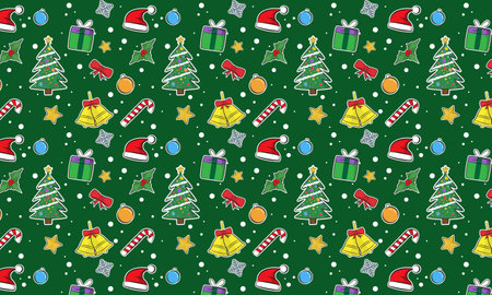 Cartoon wallpaper with Christmas symbols intended for packaging design, wrapping paper or as a background for your project.のイラスト素材