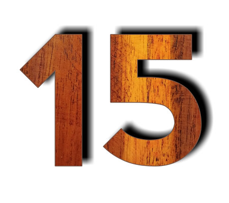 Wooden number 15 with shadow on white background. 3d rendering