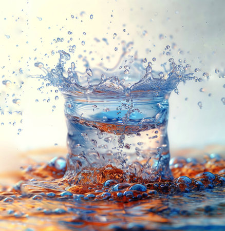 Glass of water with splashes and drops of water on a blue backgroundの素材