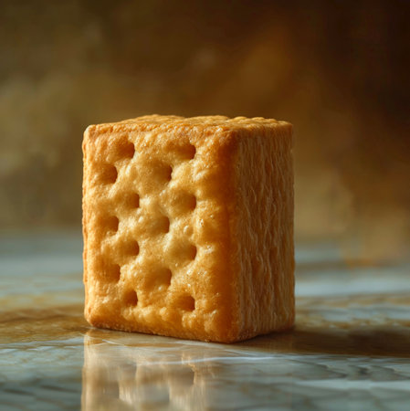 Close up of a square cracker isolated on a white background.の素材