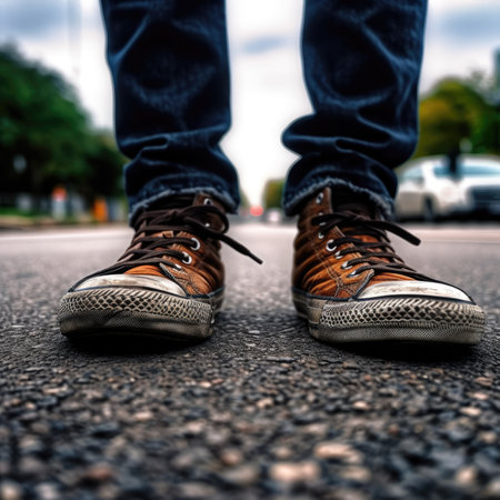 Close up of a man's feet wearing shoes sneakers standing on the roadの素材
