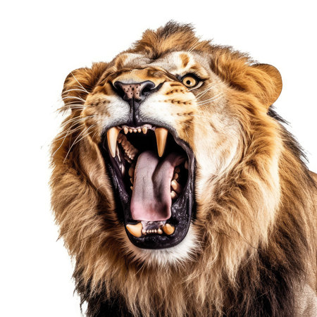 Portrait of a roaring lion. Isolated on white background.の素材