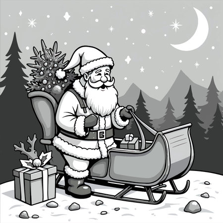 Santa Claus with a sleigh and gifts in the winter forest.のイラスト素材